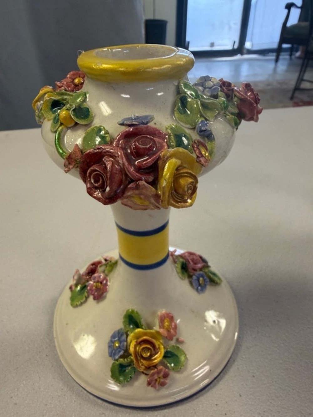Vintage made in Italy White Ceramic Floral Candlestick with Yellow Accents